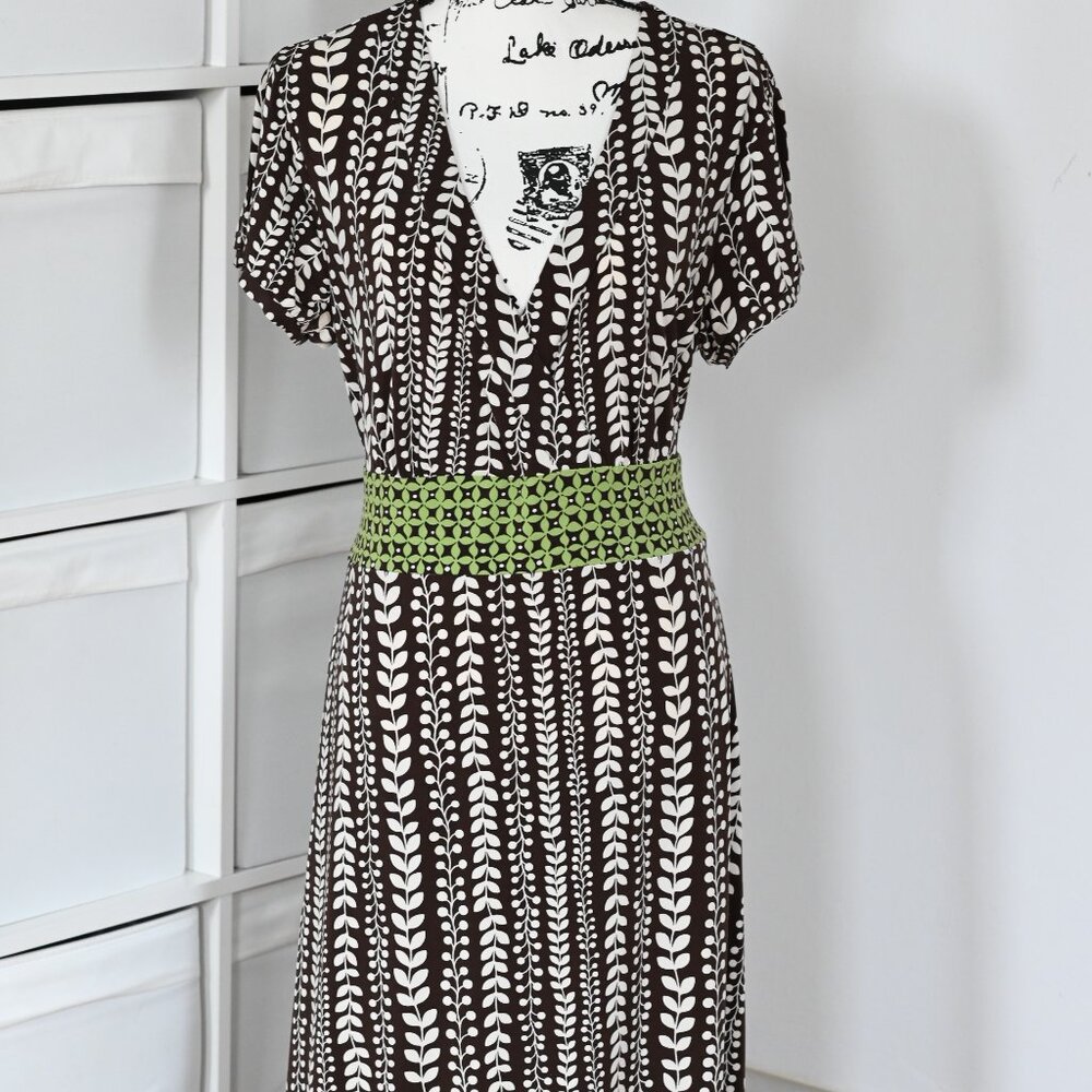 Apt. 9 Midi Dress Women's XL Brown Wht Print Stretch V-Neck Tie Back
